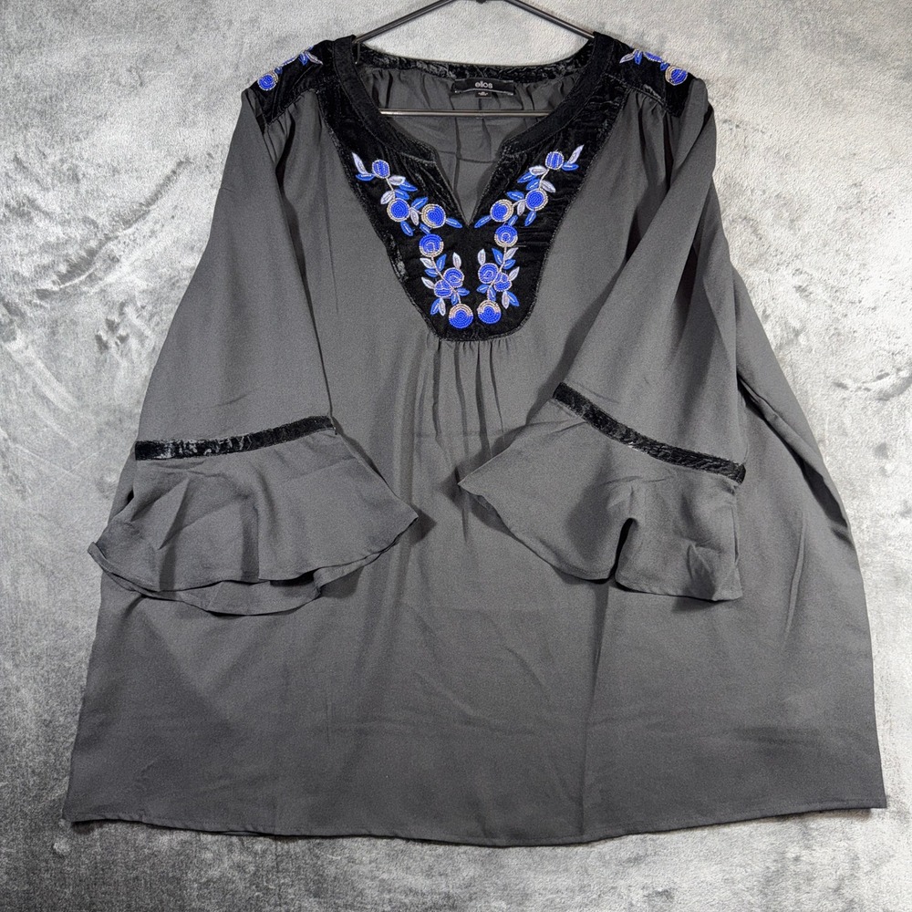 Ellos Black Beaded Velvet Trim Bell Sleeve Blouse Top Size 20 Boho Peasant